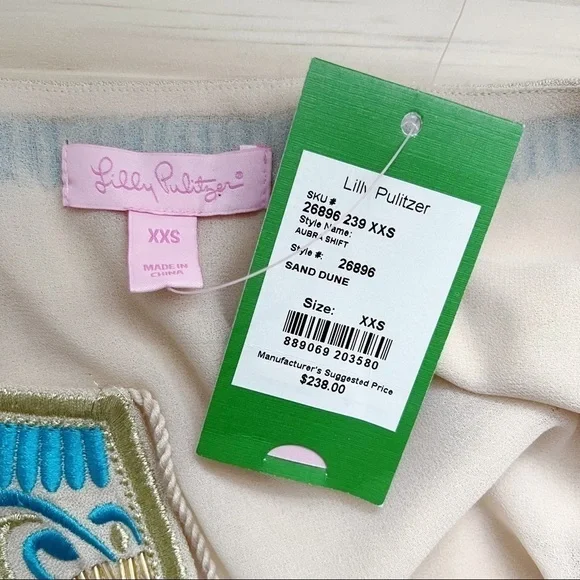 NWT Lilly Pulitzer Embroidered Aubra Shift Dress in Sand Dune, Sleeveless, XXS - Picture 4 of 13